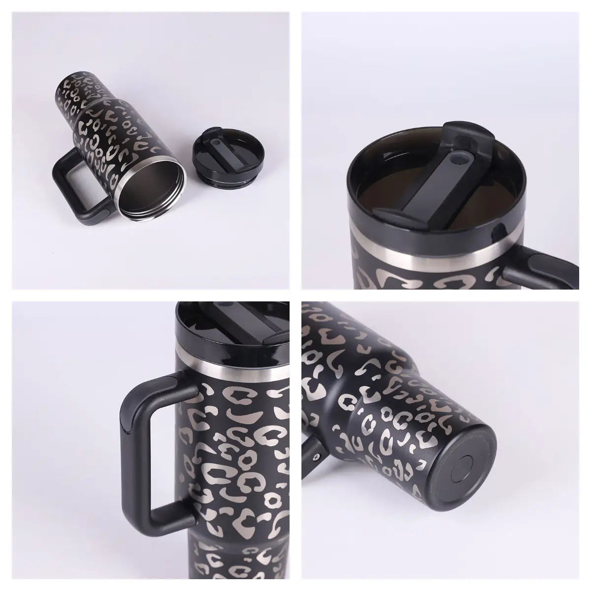 Black stainless steel handle straw insulated travel mug with white leopard print pattern and stainless steel spill-resistant accents.
