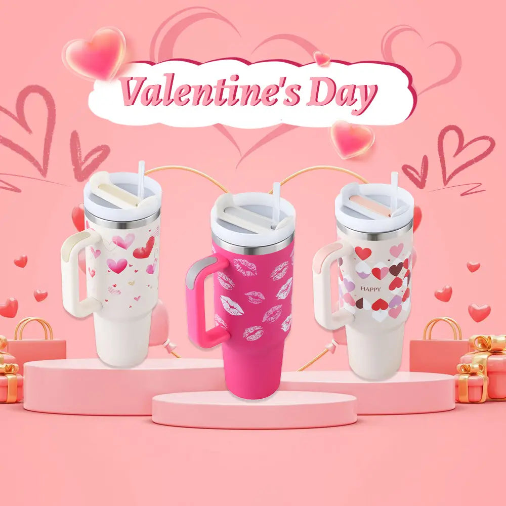 three valentine’s day themed pink and white stainless steel handle straw insulated tumblers with hearts and kiss marks designed to prevent stainless steel spill