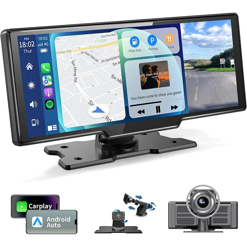 Black touchscreen car stereo with a sleek modern design and built-in navigation system featuring rear dual recording functionality.