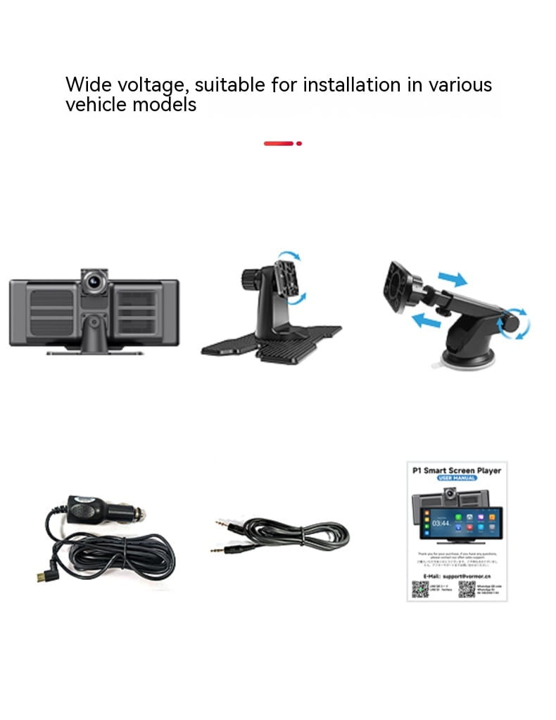 Black plastic car dash mount with adjustable arm and suction cup base for 10.26 inch car navigation with rear dual recording feature.