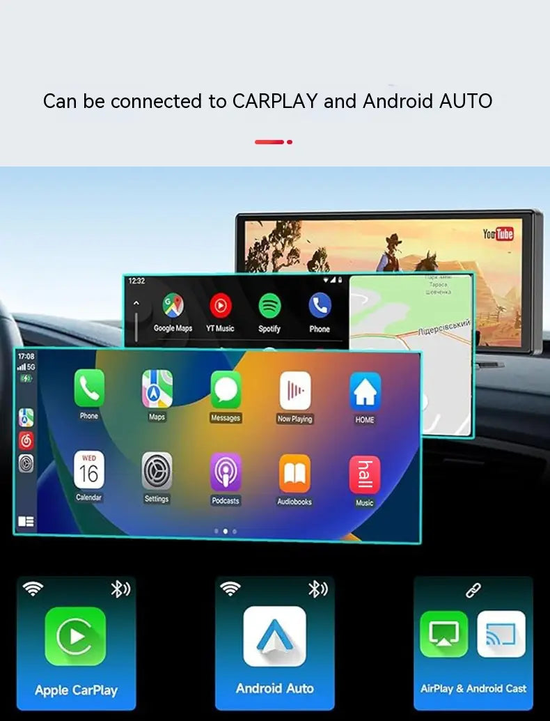 A sleek 10.26 inch car navigation screen with rear dual recording feature displaying a vibrant interface with app icons for Google Maps and Spotify.