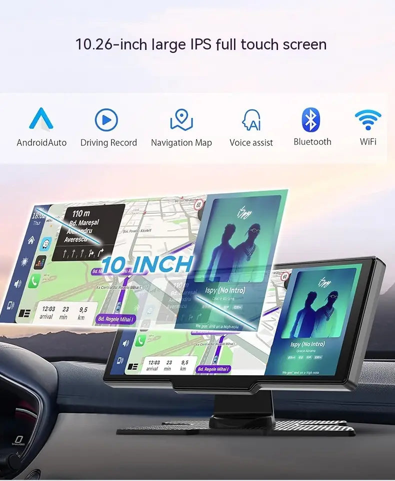 10.26 inch car navigation with rear dual recording features a large ips full touch screen with a sleek black bezel and modern interface displaying navigation music playback and connectivity icons.