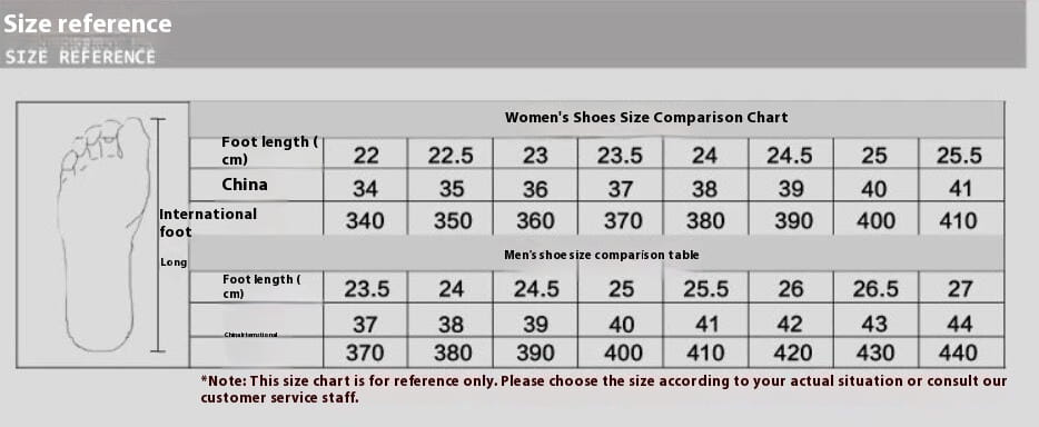 women’s shoe size comparison chart with china and international foot length tables alongside a men’s shoe size table for pointed men’s slip woven leather shoes
