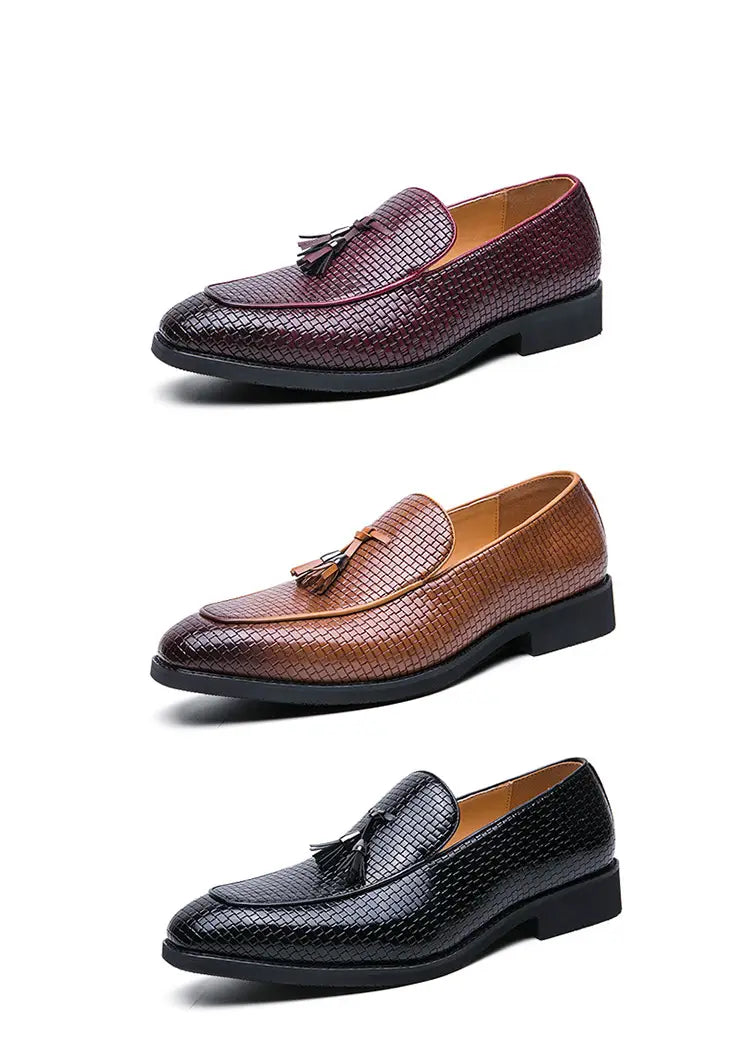 three pairs of pointed men’s slip woven leather shoes in burgundy tan and black featuring a textured woven leather finish and tassel loafers design