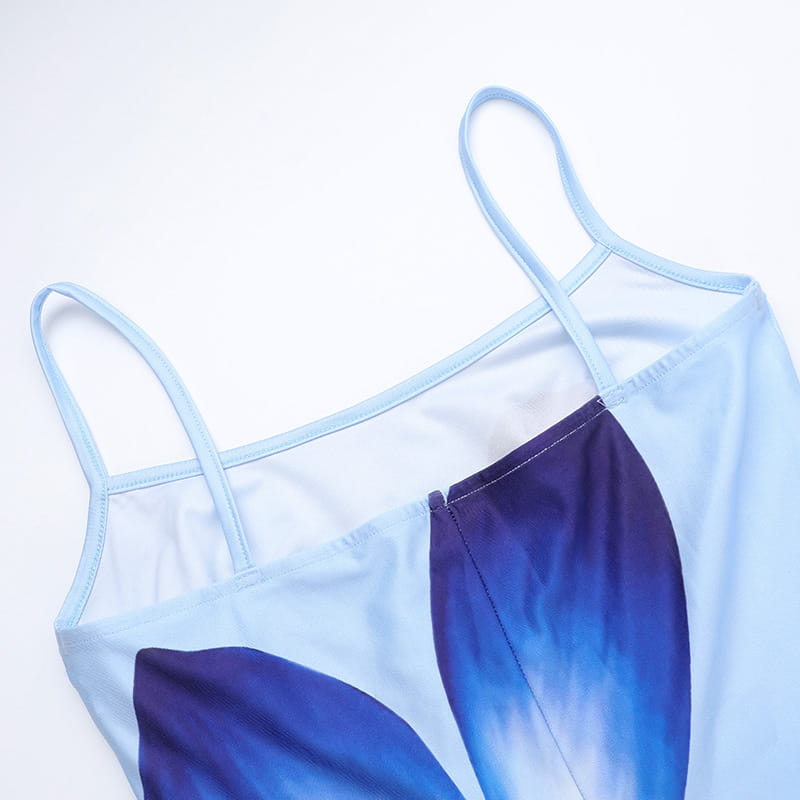 A light blue and deep purple gradient style flower strap top with a sheer mesh back inspired by american style flower strap dress design.