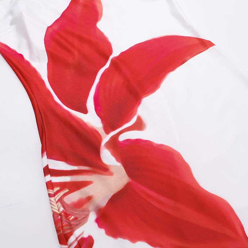 a vibrant red floral print on white fabric enhances the design of a women’s pink floral american style flower strap dress perfect for summer wear