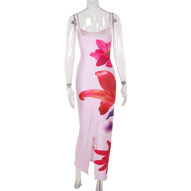 pink spaghetti strap midi dress with vibrant red and purple floral prints showcasing american style flower strap design