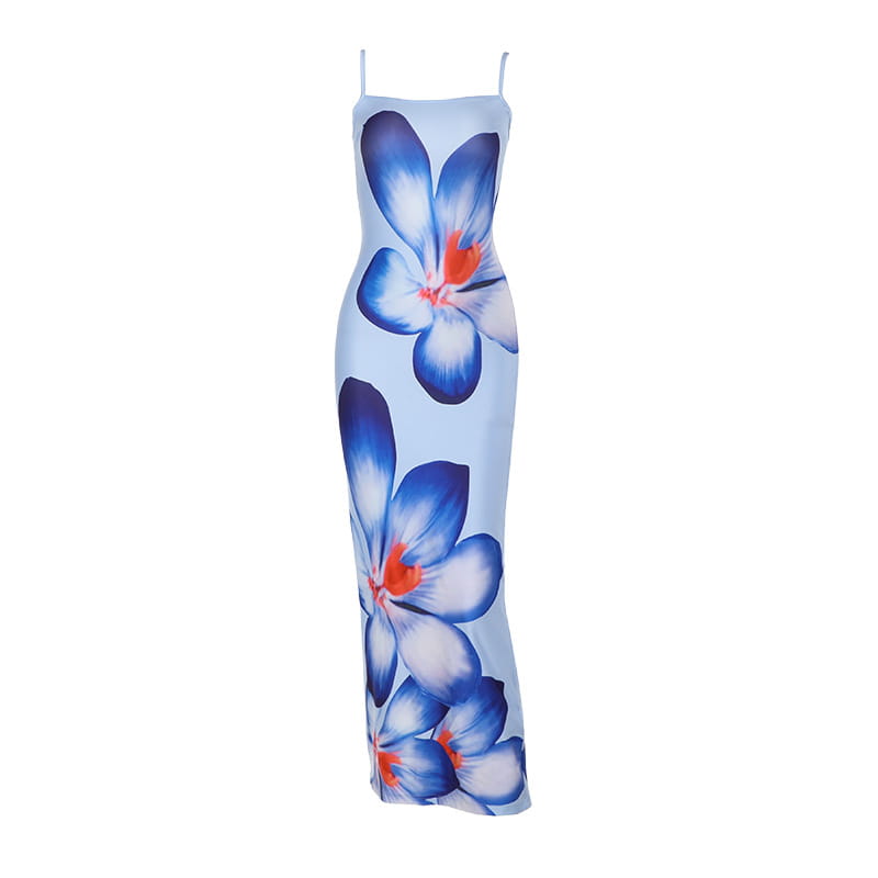 A light blue american style flower strap dress featuring a bold floral pattern with deep blue petals and vibrant orange centers in a style flower strap maxi design.