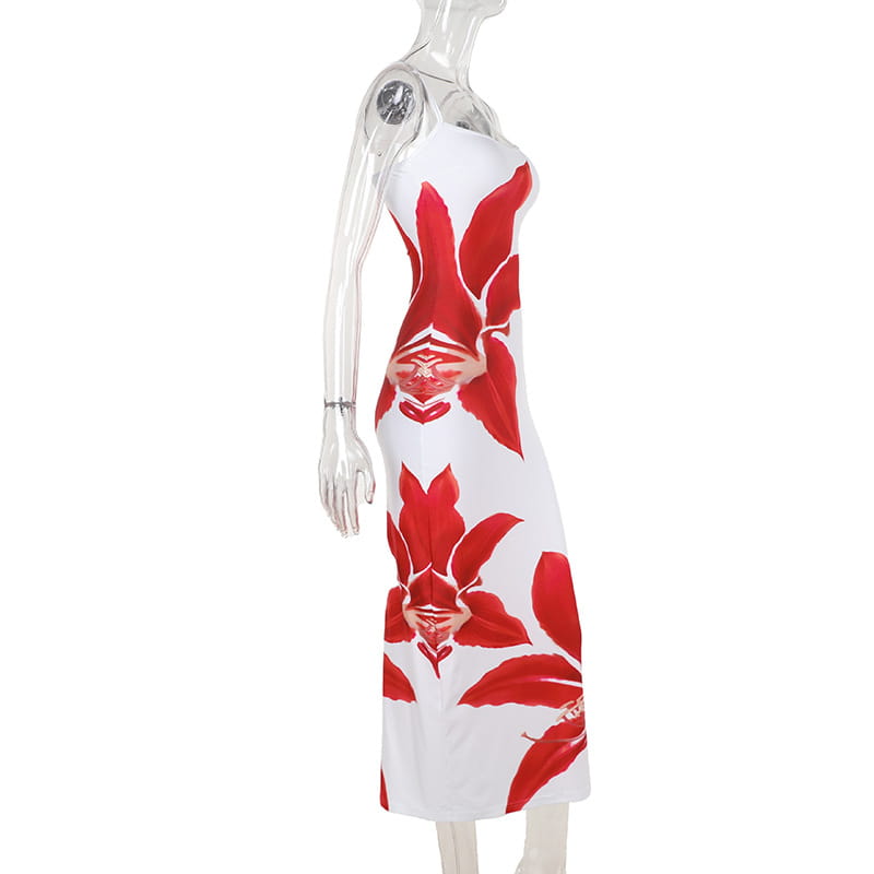 White strapless midi flower strap dress with bold red floral patterns and a flowing elegant silhouette in american style flower design.