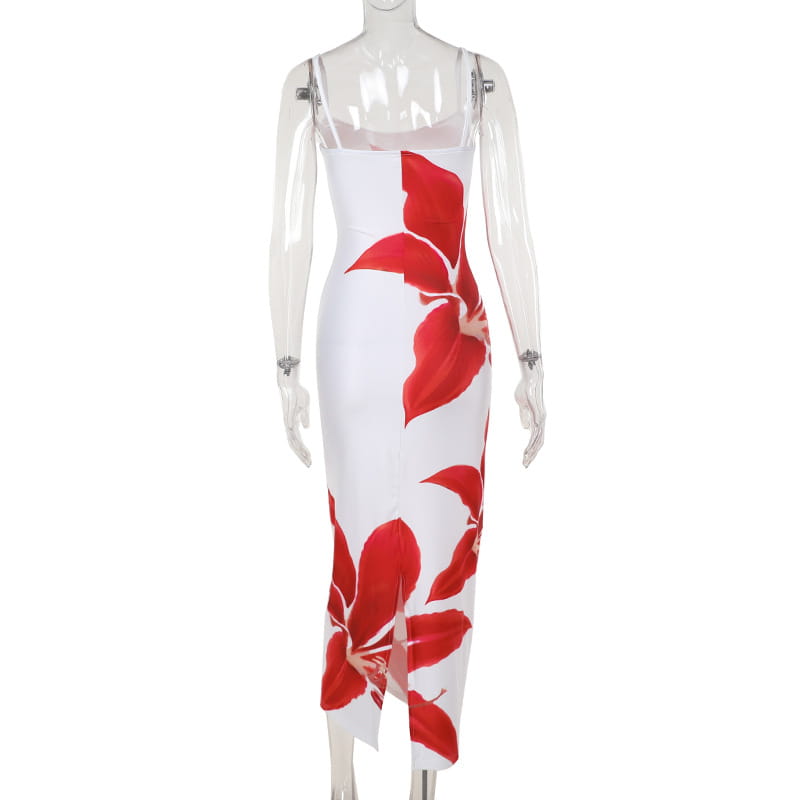 White midi american style flower dress with bold red floral print and thin style flower strap spaghetti straps