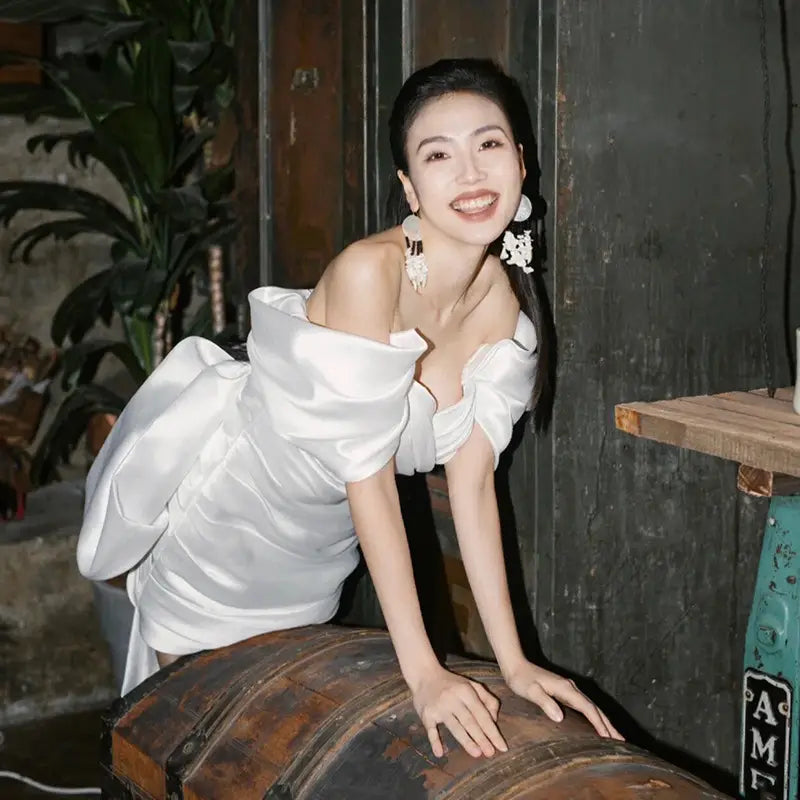 white satin off-the-shoulder short model color engagement dress with puffed sleeves