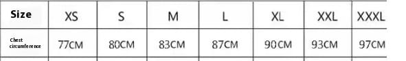 The image displays a size chart for a french white off-shoulder satin wedding dress listing chest circumferences from 77cm to 97cm across sizes xs through xxxl.