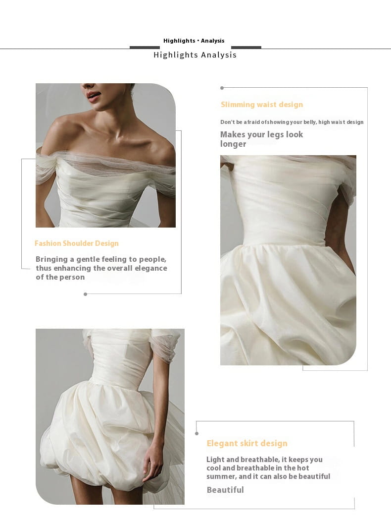 Off-shoulder white satin wedding dress with a high waist and puffy skirt designed as a light wedding dress with a tulle train.