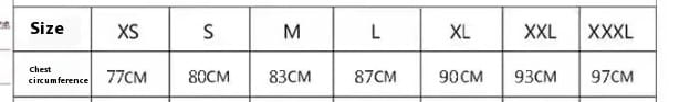 The image displays a size chart listing chest circumferences in centimeters for a white light wedding gown short women mini dress from xs to xxxl.