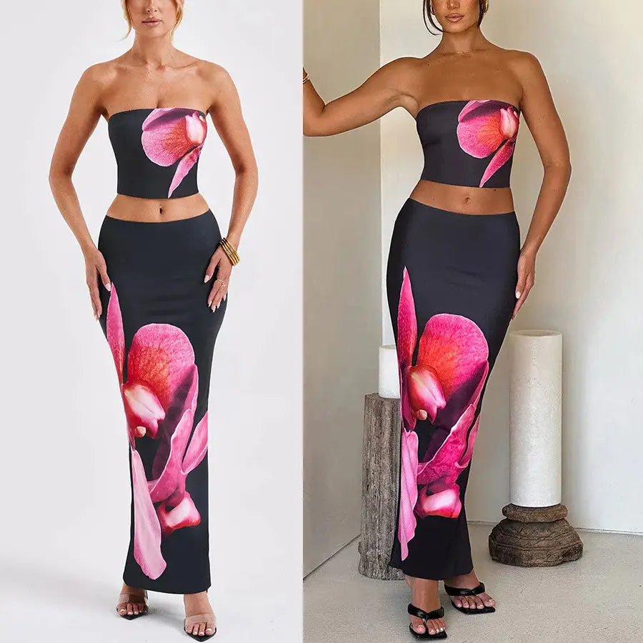 black strapless two-piece fashion vacation women’s set with a cropped top and high-waisted skirt featuring vibrant pink orchid prints for stylish clothing skirts options.