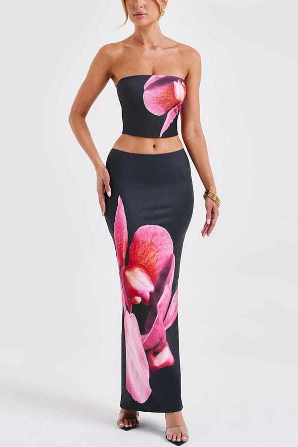 black strapless crop top and matching high-waisted skirt set featuring a vibrant pink orchid print for fashion vacation women’s clothing skirts.