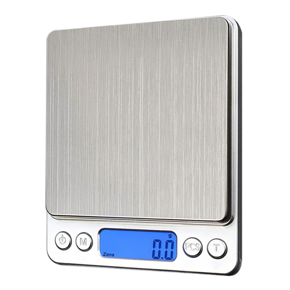 brushed stainless steel food portable mini pocket scale with a brushed metal finish and blue backlit digital display