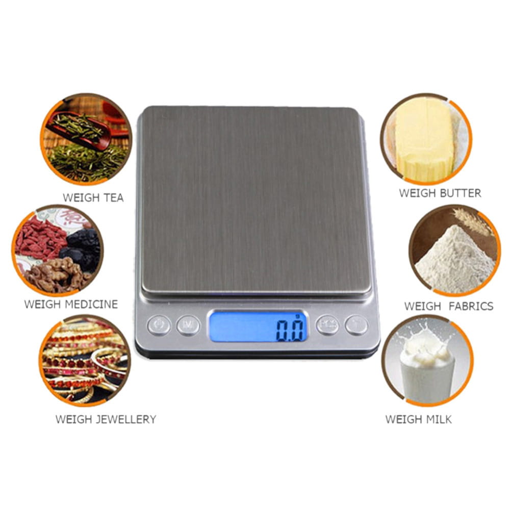 a sleek brushed stainless steel food portable mini scale with a rectangular design and blue lcd display for precise measurements