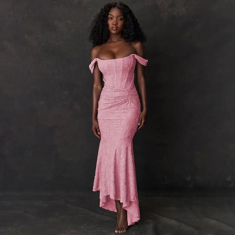 a pink lace mermaid gown featuring off-the-shoulder ruched detailing in a pink sexy evening dress with ruched bodycon fit, ideal as a backless sexy evening outfit.