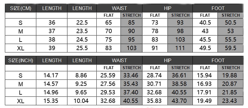 Size chart for a white high waist pleated skirt with safety pants summer design showing stretchy, form-fitting measurements in both centimeters and inches for sizes S to XL.