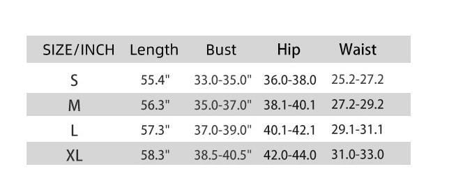 Size chart for women sleeveless flare fitness yoga set showing measurements in inches for sizes s through xl, ideal for flare jumpsuits fitness and sleeveless flare jumpsuits.