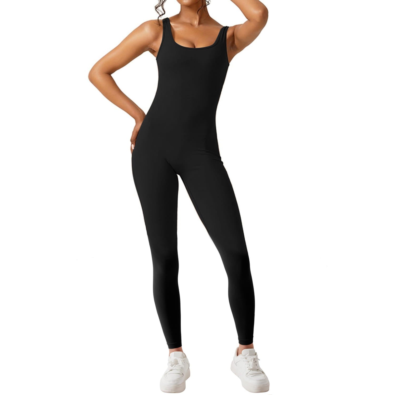black sleeveless flare jumpsuit for women featuring a square neckline and form-fitting design ideal for fitness and yoga activities