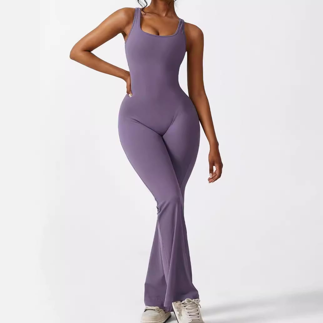 women sleeveless flare fitness solid lavender one-piece jumpsuit with a square neckline and flared legs designed for yoga and activewear.