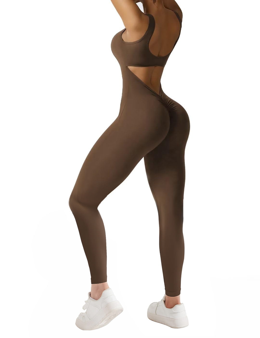 women sleeveless flare fitness yoga set showing the back side of a brown seamless one-piece athletic suit with a cutout back and form-fitting design suitable for flare jumpsuits fitness activities