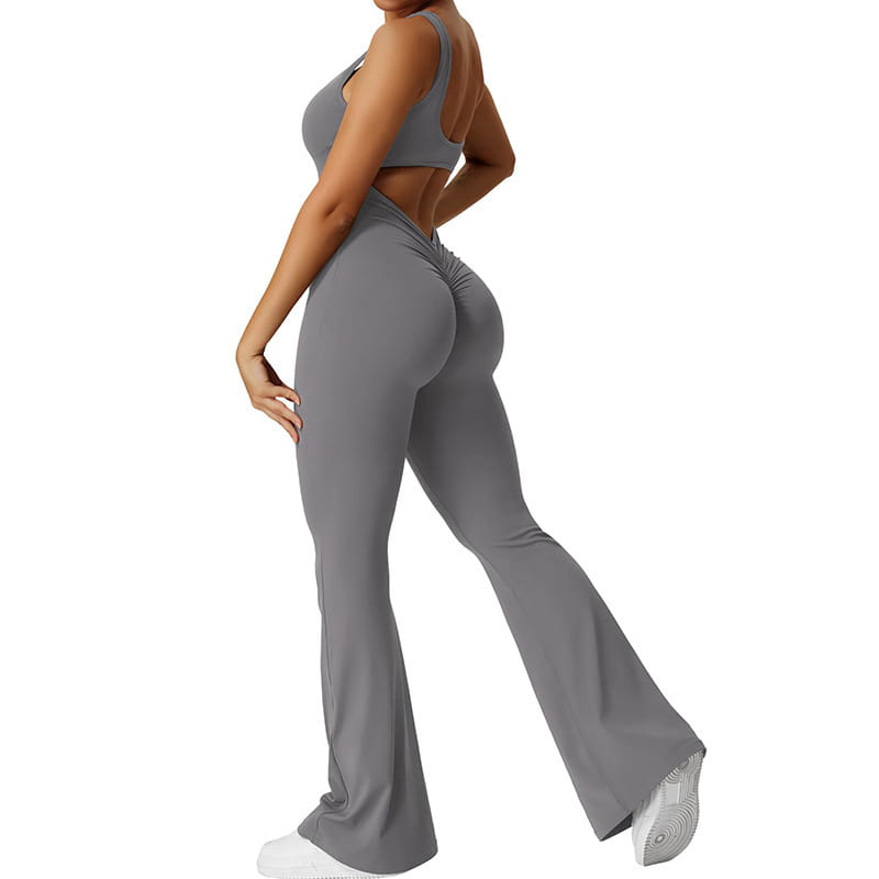 gray high-waisted flared leggings with gathered back detail shown from the back in a women sleeveless flare fitness yoga set