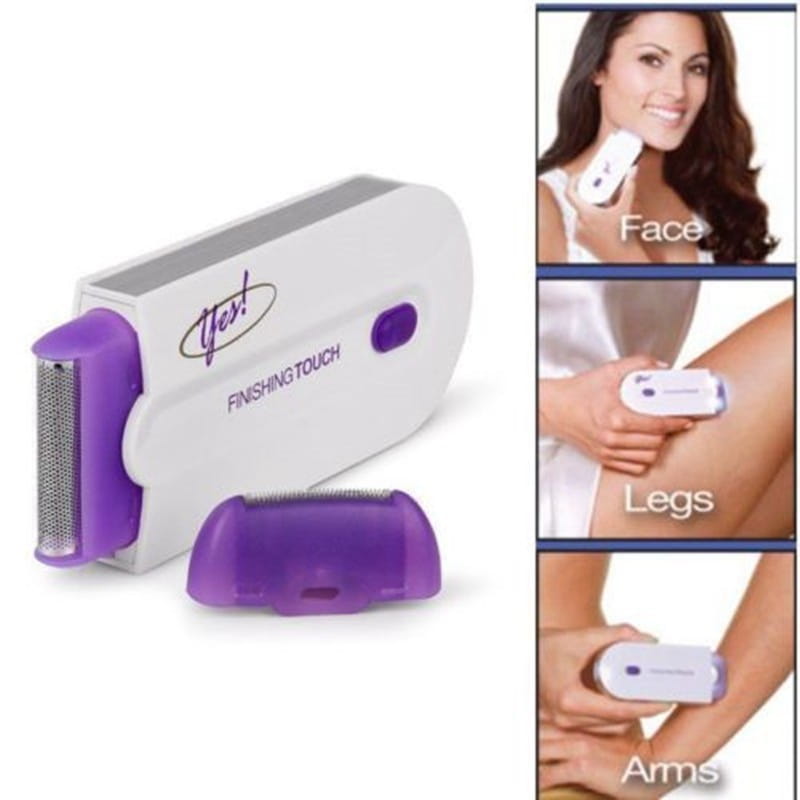 Purple and white electric hair removal device with sensa-light head and interchangeable attachments for finishing touch hair removal.