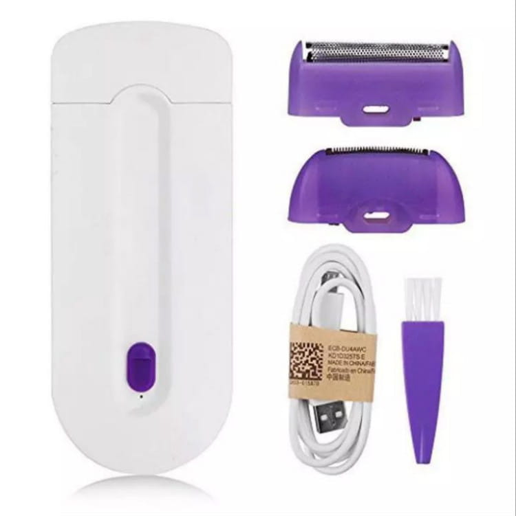 White handheld electric hair removal device with sensa-light head, purple accents, and interchangeable purple replacement heads for effective hair removal.