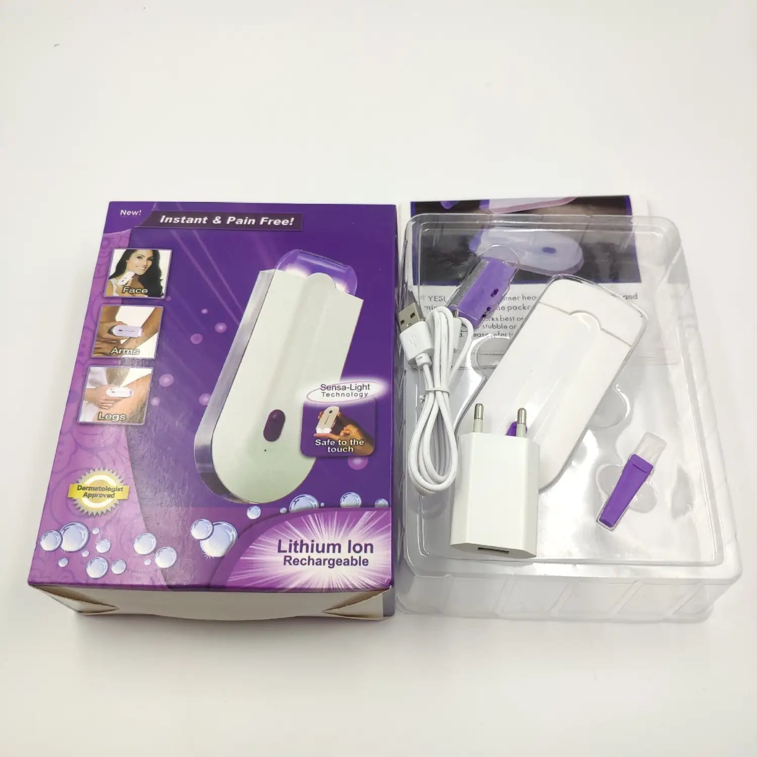 white and purple electric hair removal device with sensa-light head featuring a sleek ergonomic handheld design