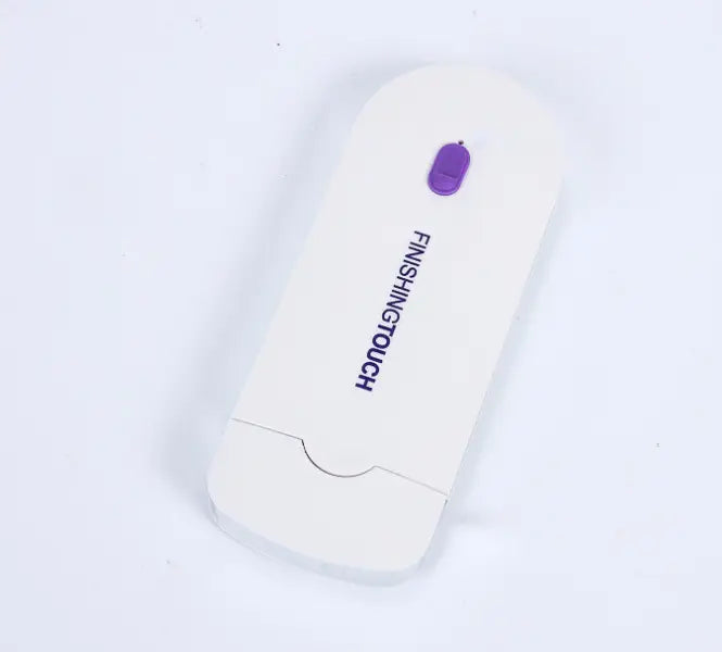white plastic handheld electric hair removal device with sensa-light head and purple power button branded finishing touch
