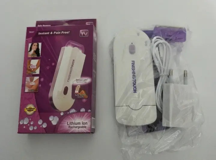 white electric hair removal device with sensa-light head featuring purple accents and a rechargeable lithium-ion battery for efficient electric hair removal.