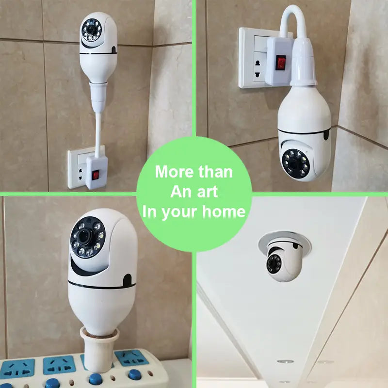 White plug-in wifi camera 1080p bulb with black lens and multiple led lights offering full color night vision and bulb 4x zoom functionality.