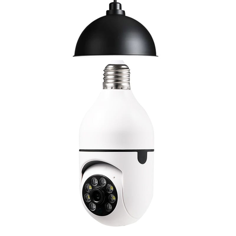 white smart wifi camera 1080p bulb camera with black accents featuring an array of led lights around the lens for full color night vision and bulb 4x zoom functionality