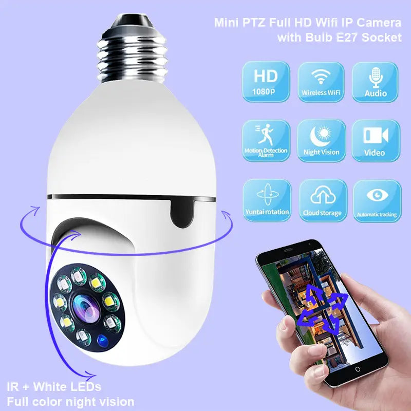 white mini ptz wifi camera 1080p designed as a bulb with e27 socket featuring full color night vision and bulb 4x zoom capabilities