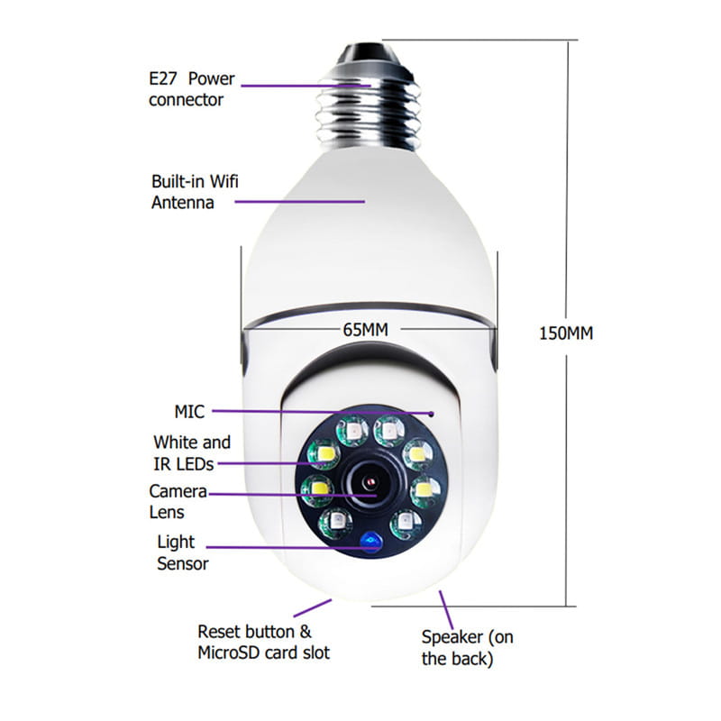 White bulb-shaped wifi camera 1080p with e27 power connector and built-in wifi antenna featuring full color night vision and bulb 4x zoom.