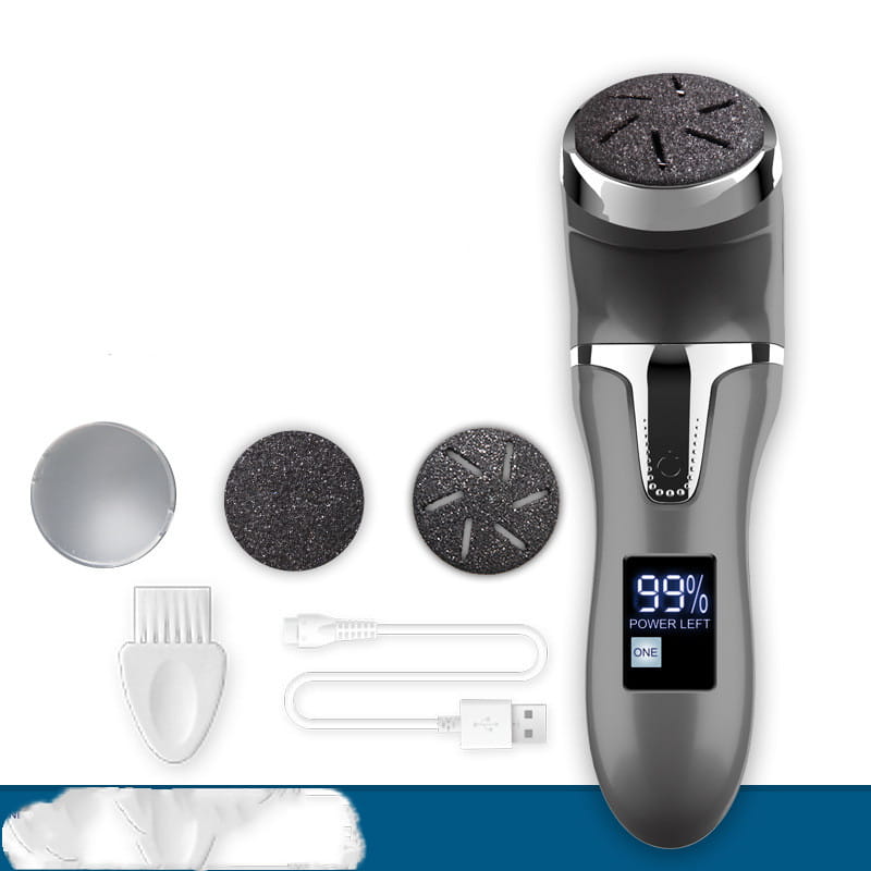 gray and silver lcd digital display electric foot file with interchangeable black textured attachments for exfoliating hard skin