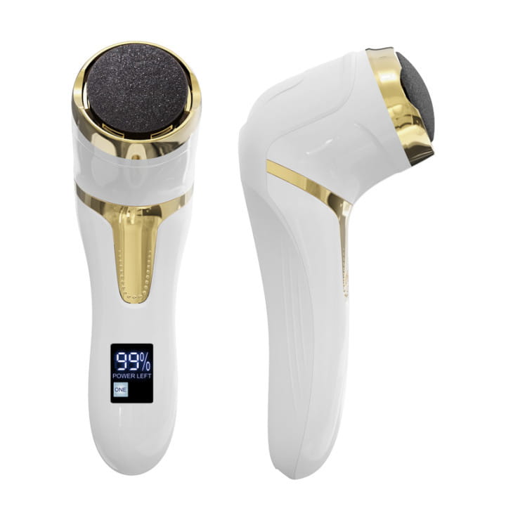 White and gold electric foot file with a black textured head featuring an lcd digital display for precise control and easy use.