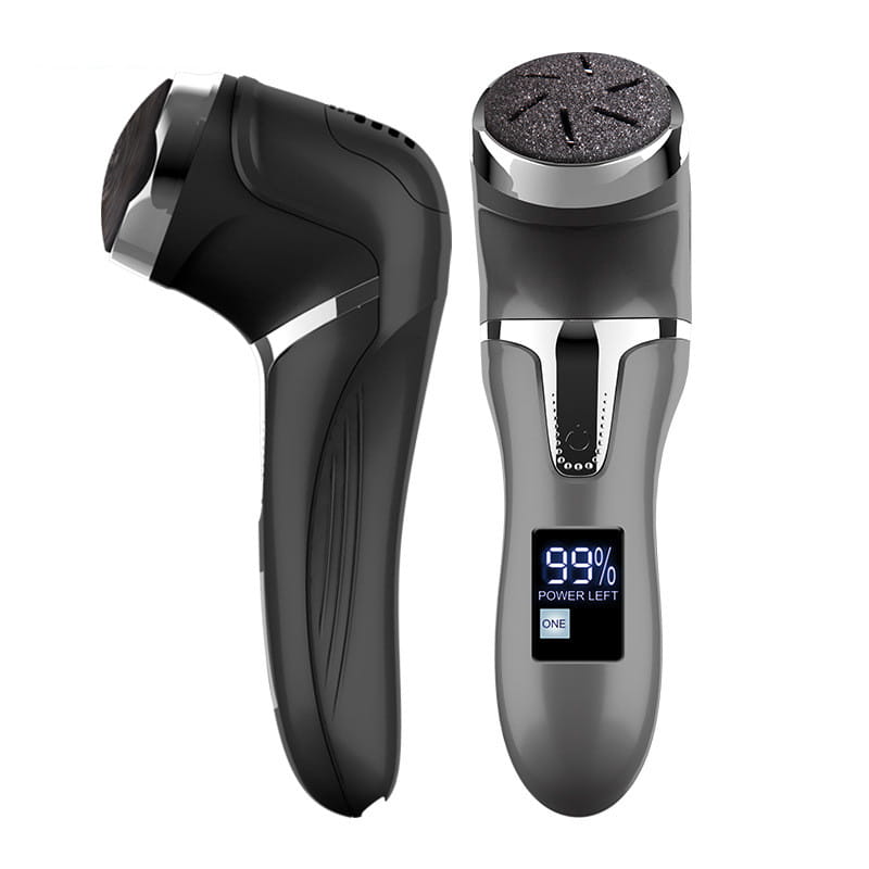 Black and silver electric foot file with an lcd digital display showing 99 percent power left designed for efficient callus removal and skin smoothing