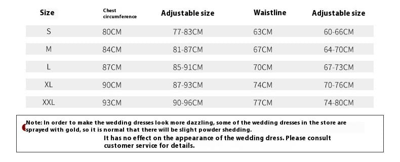 The image shows a size chart for a simple elegant french style satin wedding dress displaying measurements in centimeters for sizes s through xxl.