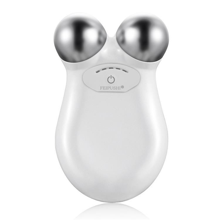 white feipushi facial lifting firming roller with two silver spherical heads designed for lifting firming skin and firming skin rejuvenation.
