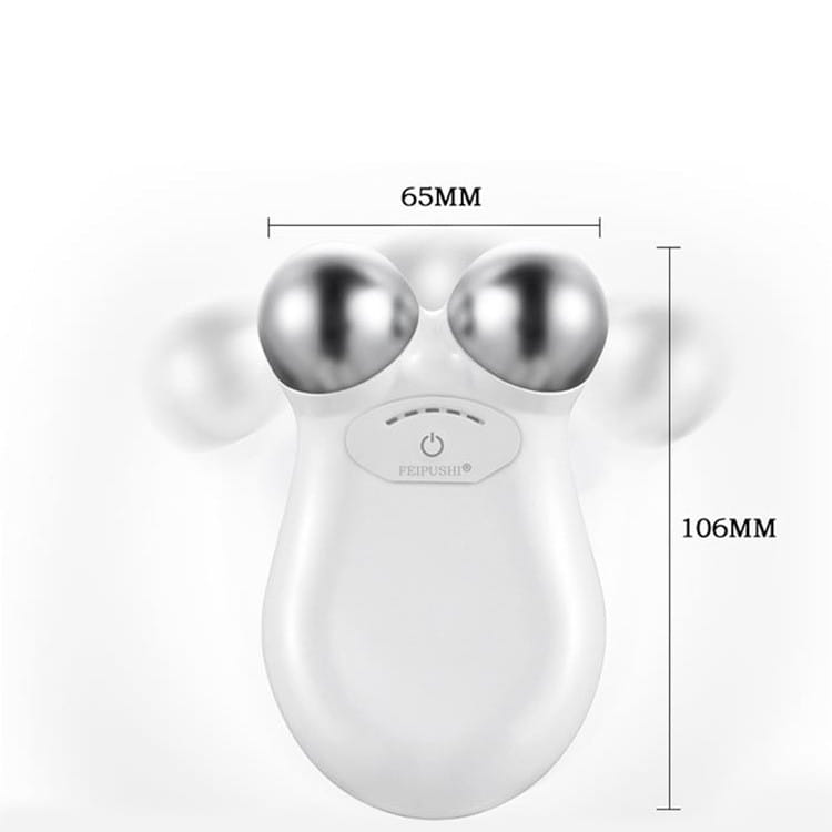 White plastic facial lifting firming skin rejuvenation roller with two silver metallic spheres and a power button on the front for lifting firming skin care.