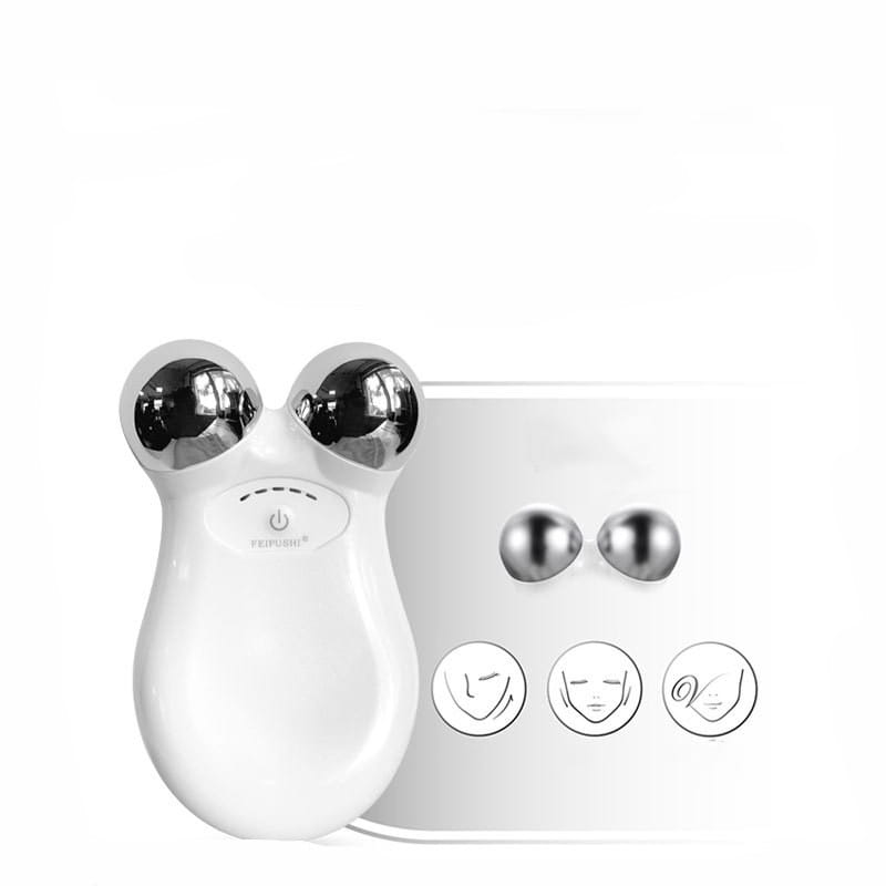 white facial lifting firming roller with two chrome-finished spherical rollers, power button, and interchangeable attachments for firming skin rejuvenation