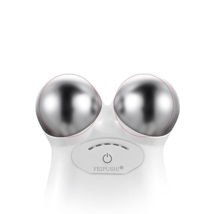 white feipushi facial lifting firming roller with two shiny silver spherical heads designed for lifting firming skin and firming skin rejuvenation.