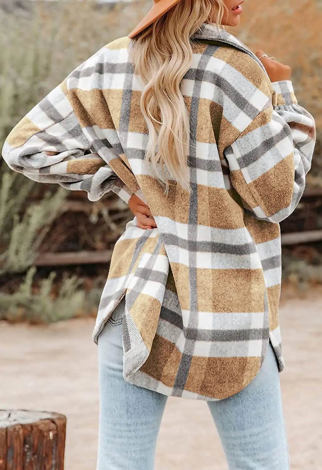 a cozy oversized plaid button flannel shirt in tan and gray woolen fabric with long sleeves
