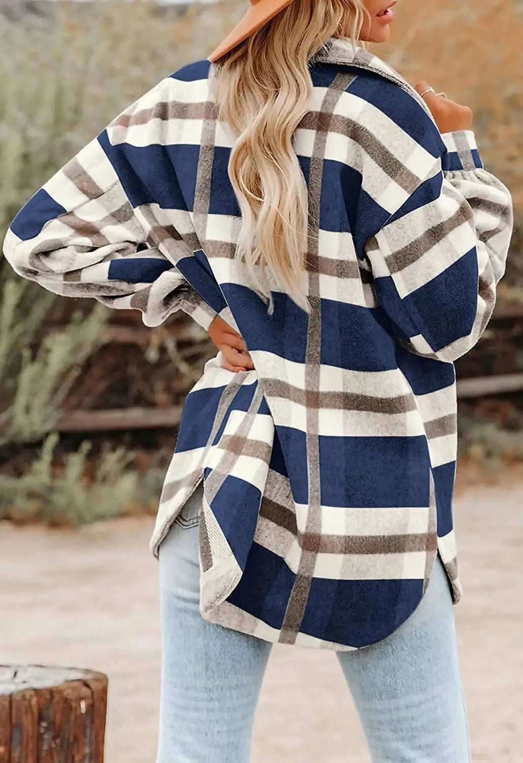 a cozy oversized navy white and beige plaid button flannel woolen shirt with a relaxed fit and soft fabric texture