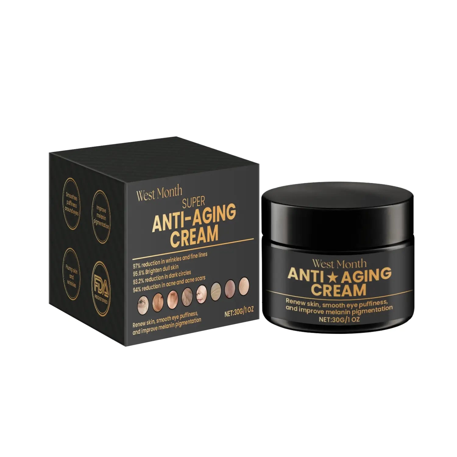 black west month super anti-aging cream jar with gold lettering next to a matching black box showcasing the super anti-aging cream product.