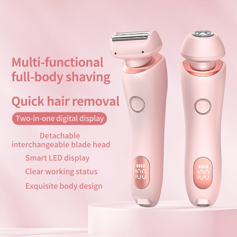 Pink multifunctional 2 in 1 hair removal epilator featuring a detachable blade head and smart led display for efficient hair removal with usb charging.